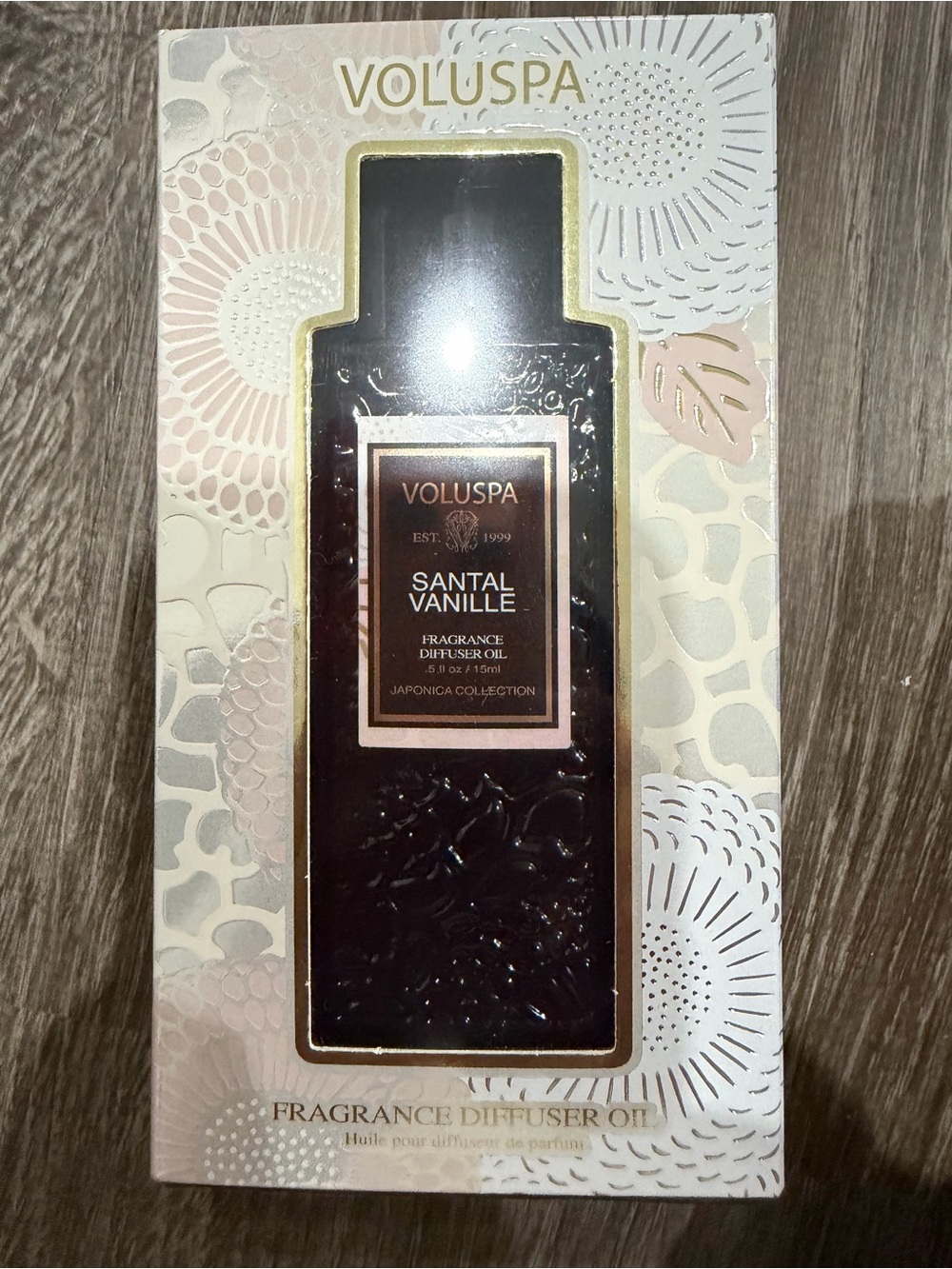 Voluspa Santal Vanille Diffuser Oil in Pale Pink and Gold Trim